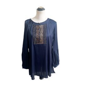 Chico’s Silky Sequin V-Neck Beaded Blouse Navy Bronze Size 1/Medium Elegant